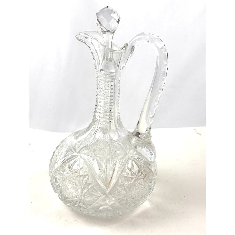 Antique Clear ABP Cut Glass Wine Decanter +‎ Stopper Cruet Stepped Ring Neck